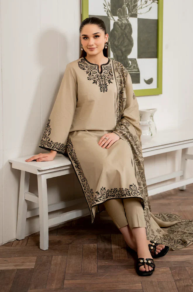 RT1110-WINTER 3PC Dhannak Embroidered suit with Printed Shawll