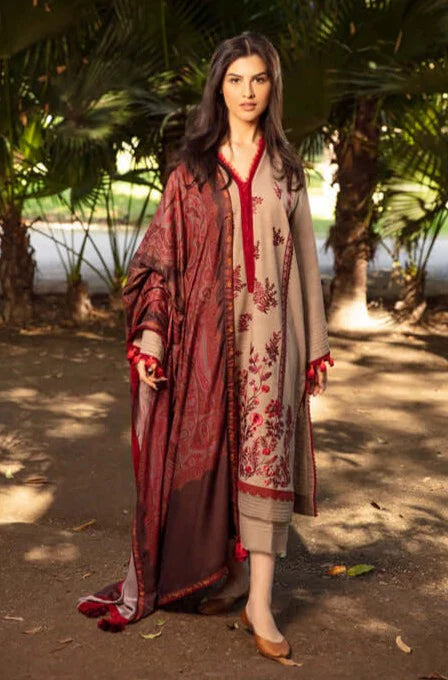 RT1132-WINTER 3PC Dhannak Embroidered suit with Printed Shawll