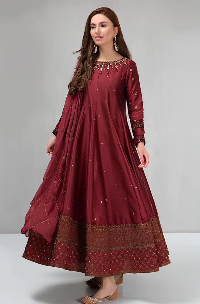 Maria B, unstiched 3 piece WINTER kataan silk frock style embroidered suit-RT007