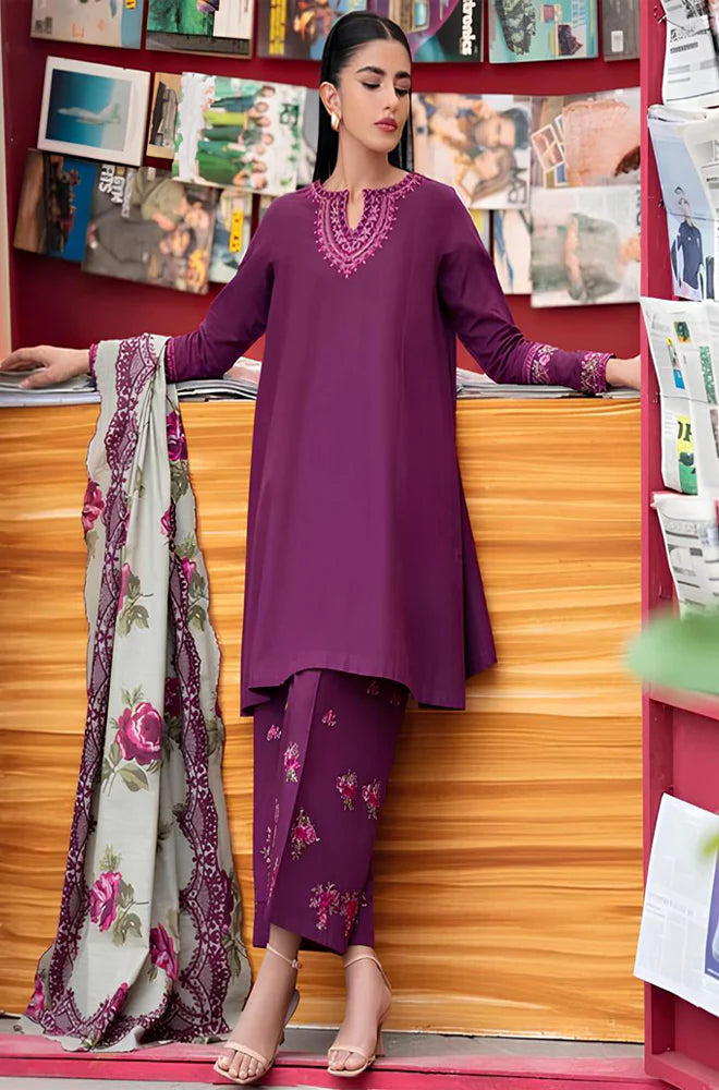 RT1045-WINTER 3PC Dhannak Embroidered suit with Printed Shawll