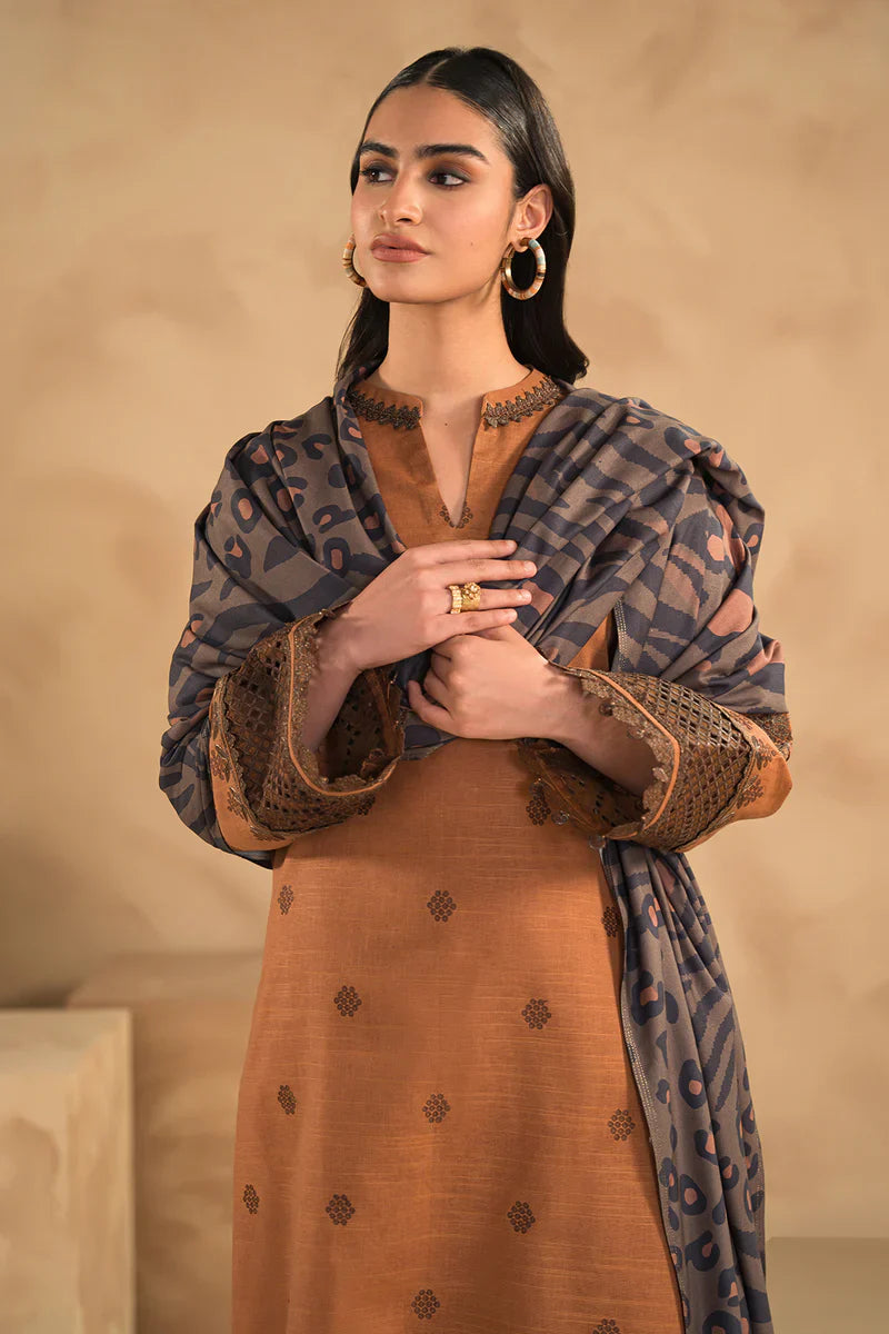 RT1105-WINTER 3PC Dhannak Embroidered suit with Printed Shawll