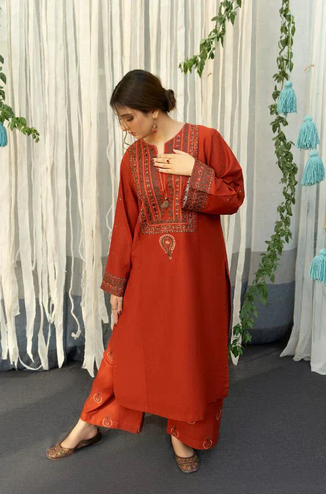 RT1107-WINTER 3PC Dhannak Embroidered suit with Printed Shawll
