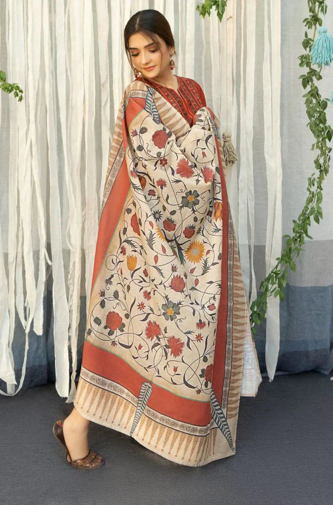 RT1107-WINTER 3PC Dhannak Embroidered suit with Printed Shawll