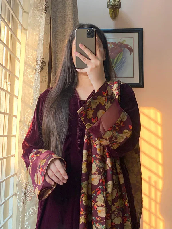 RT1285-RiwajTann - winter Velvet Dress with Printed Dhanak Shawl