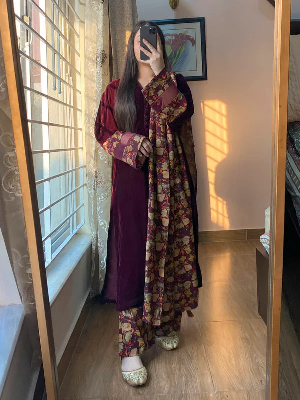 RT1285-RiwajTann - winter Velvet Dress with Printed Dhanak Shawl