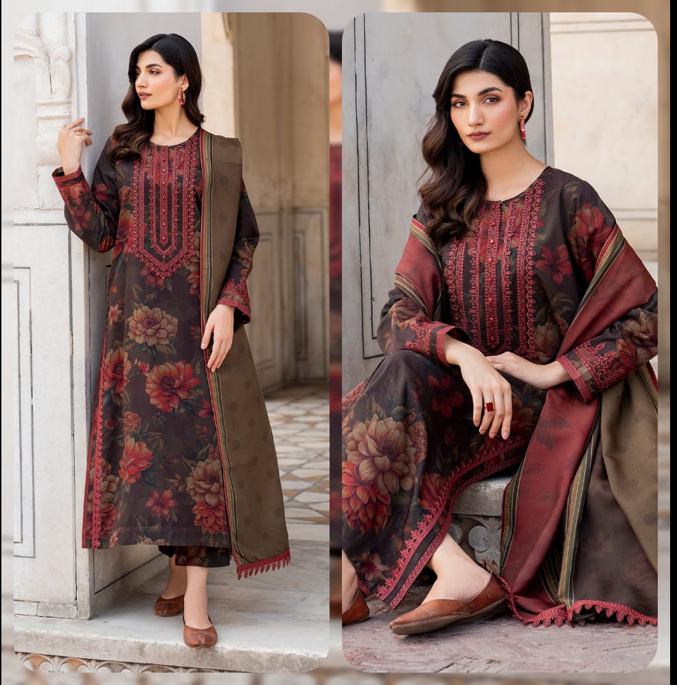 RT925-SUMMER-3 Piece Unstitched Digital Printed Lawn Suit With Neckline Patch - Digital Printed Lawn Dupatta