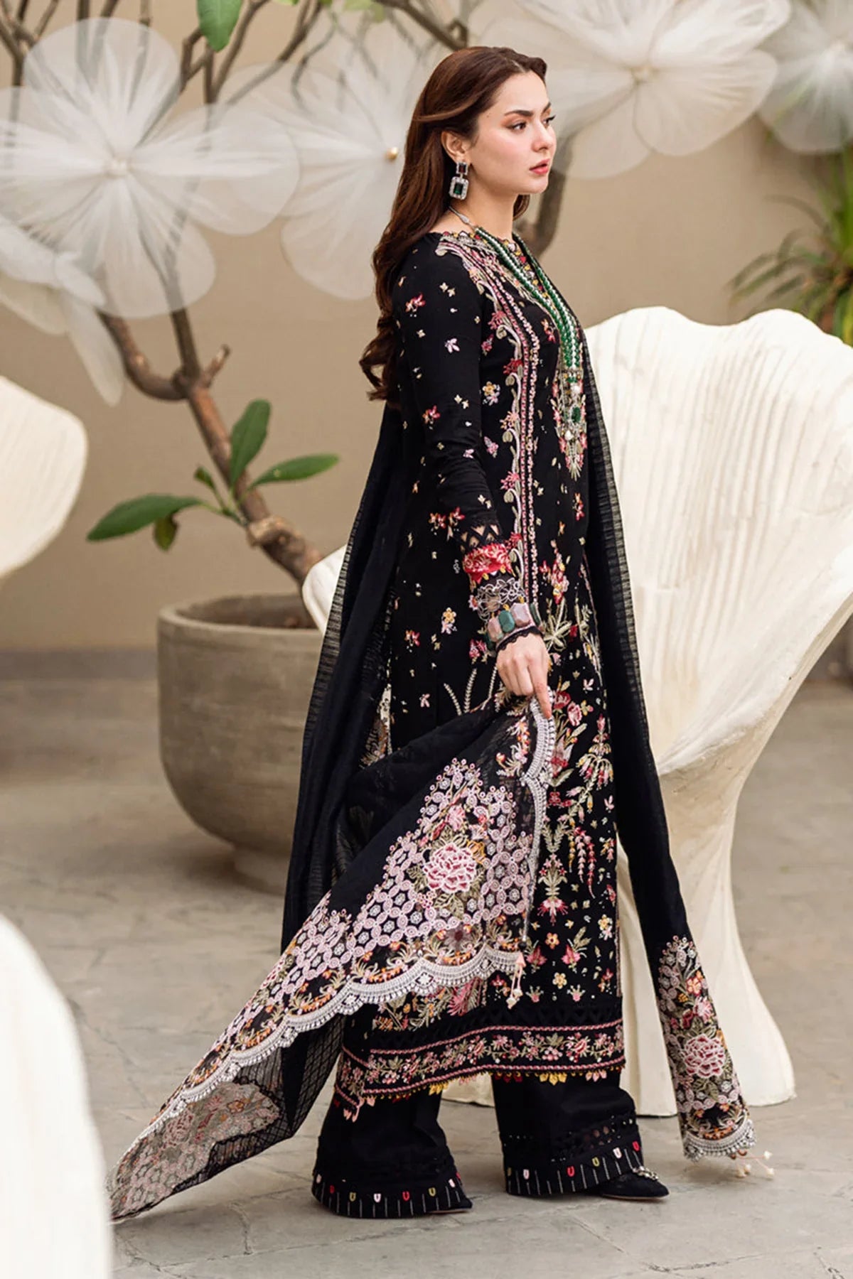 RT944- Qalamkar - 3PC Lawn Embroidered Shirt with Embroidered Slub Net Dupatta