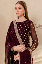 RT1209-Winter Unstitched 3PCs Embroidered Velvet Dress With Embroidered Organza Dupatta