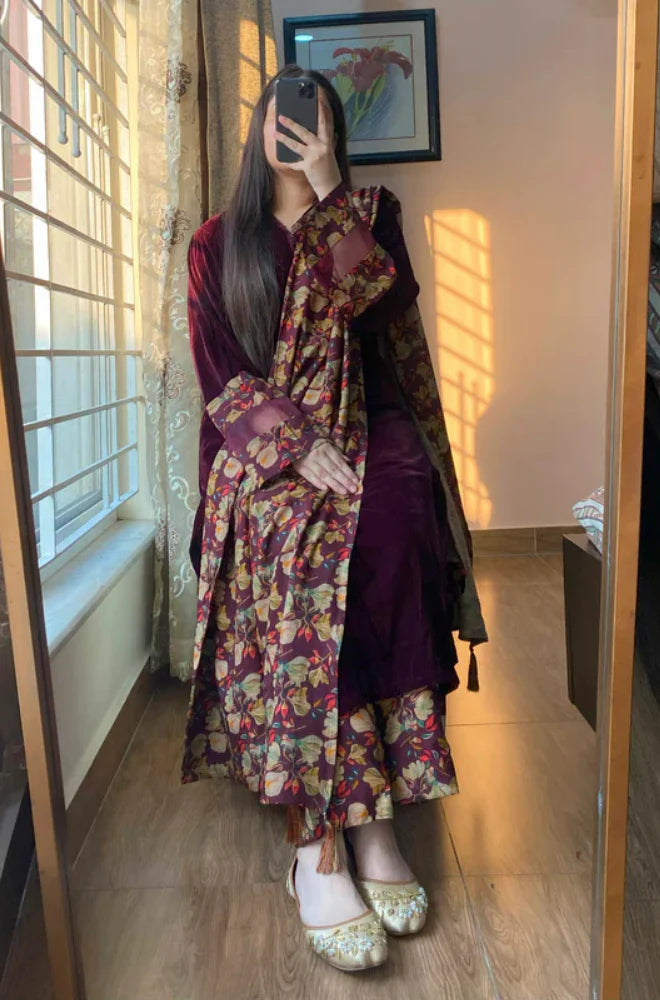 RT1285-RiwajTann - winter Velvet Dress with Printed Dhanak Shawl
