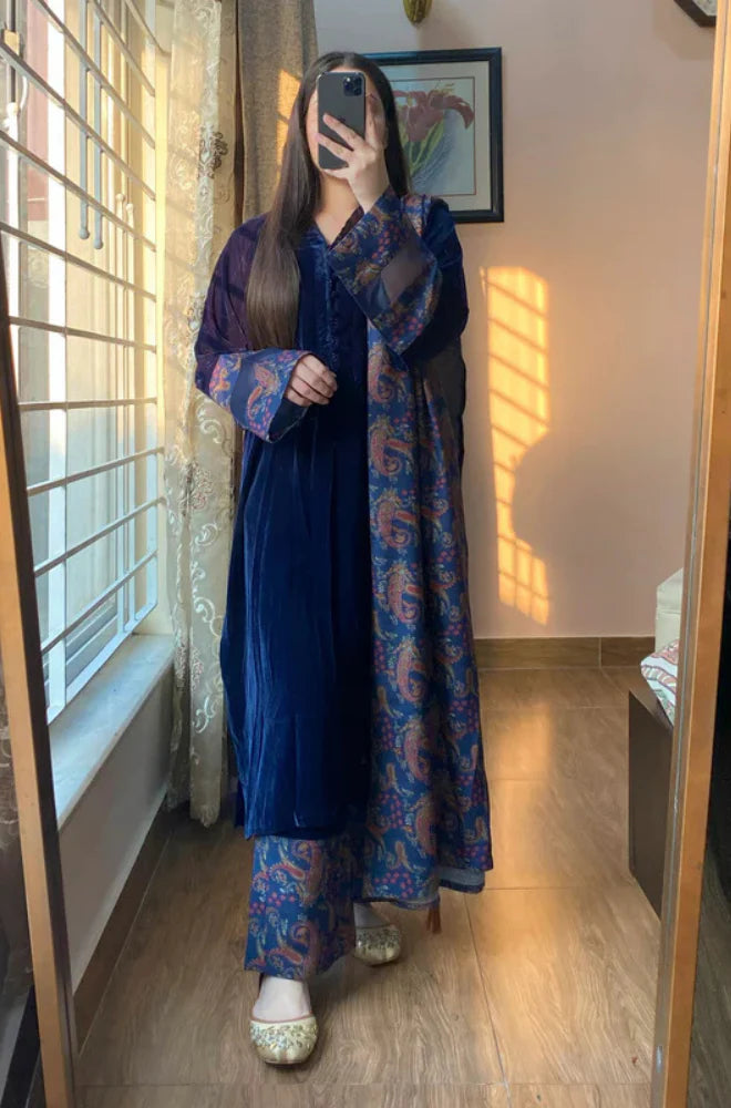 RT1284-RiwajTann - winter Velvet Dress with Printed Dhanak Shawl