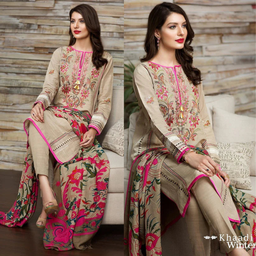 Khaadi Pink Embroided 3PC khaddar Dress with wool shawl RT004