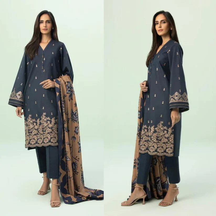 RT1048-WINTER 3PC Dhannak Embroidered suit with Printed Shawll