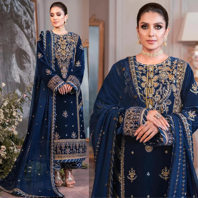 RT1061-WINTER Embroidered Velvet Three piece With Embridered Chiffon Duppatta
