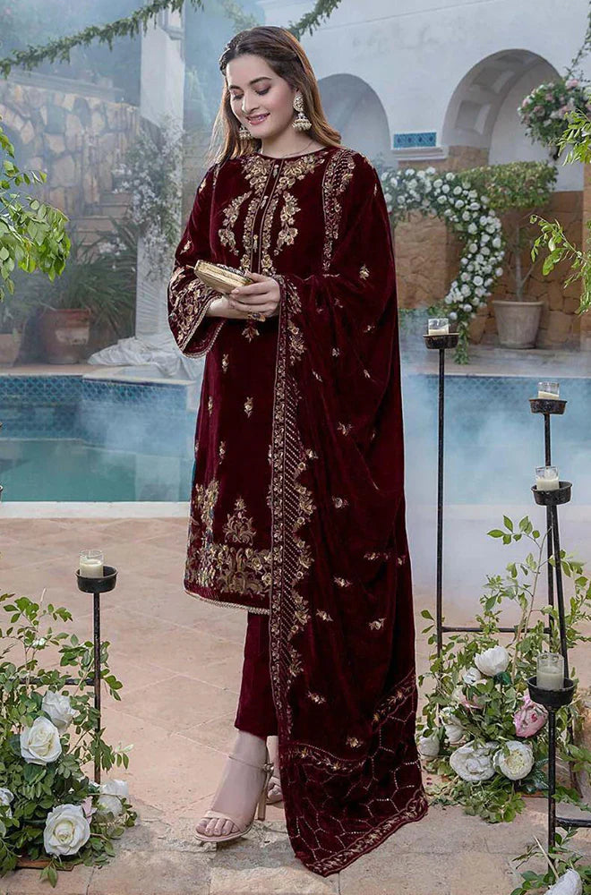 RT1203-Azure Embroidered Velvet Winter 3piece suit