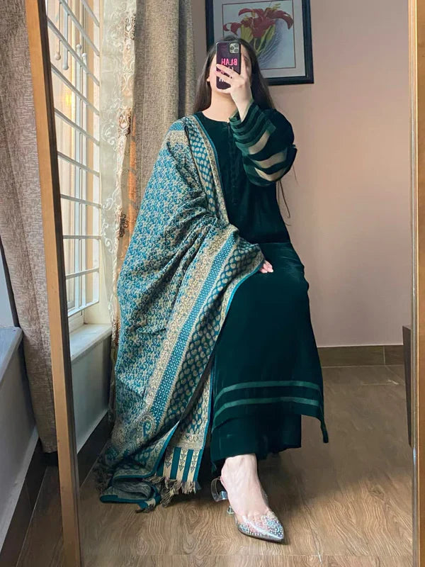 RT1286-RiwajTann - winter Velvet Dress with Printed Dhanak Shawl