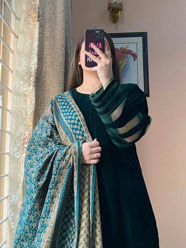 RT1286-RiwajTann - winter Velvet Dress with Printed Dhanak Shawl