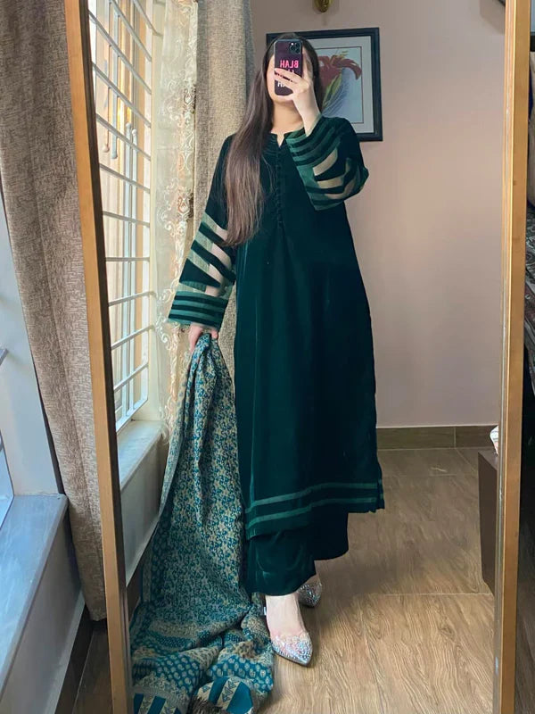 RT1286-RiwajTann - winter Velvet Dress with Printed Dhanak Shawl