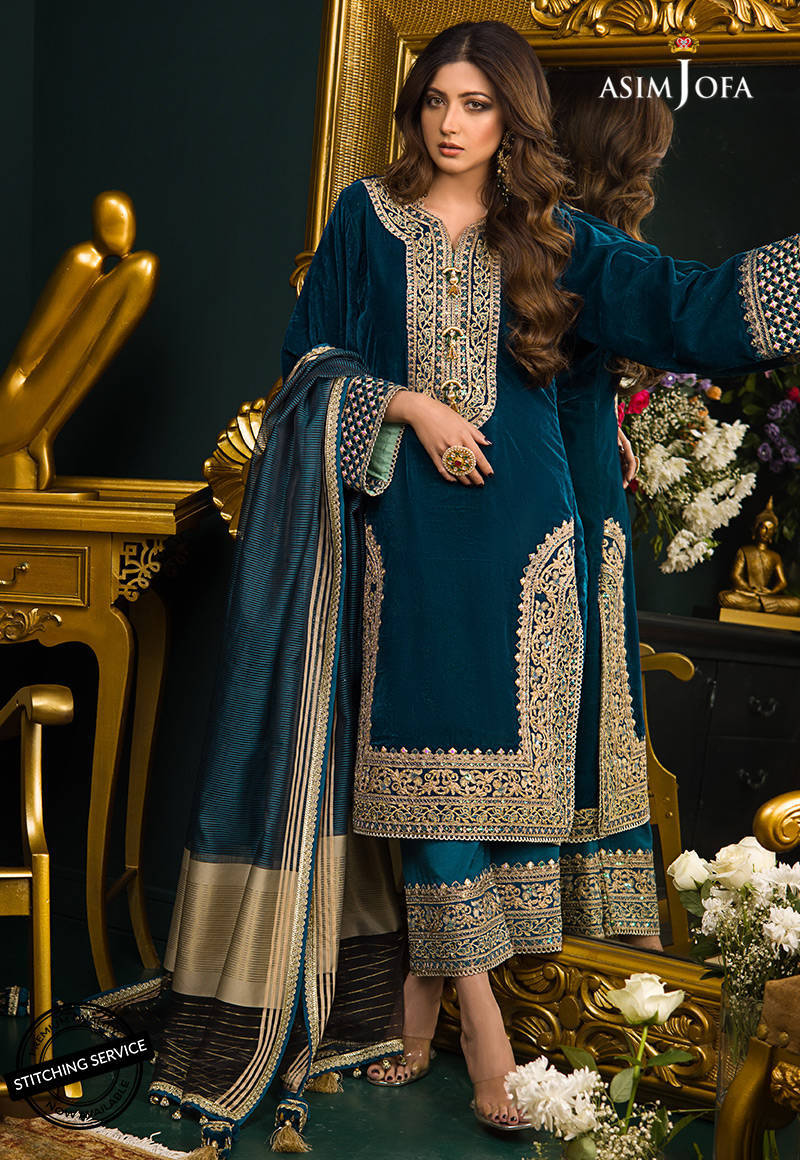 Royal blue long velvet shirt with embroidery paired with velvet pant &  organza frill dupatta - SHK-903 — Shehrnaz